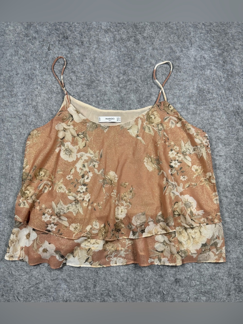 Mango Peach Gold Metallic Floral Tiered Cami Tank Top Ruffle Sheer Dressy Medium